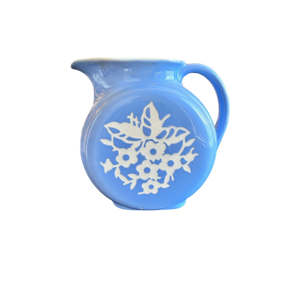 RARE Vintage Harker Pottery Cameoware Round‎ Pitcher Blue Floral Decor Farmhouse